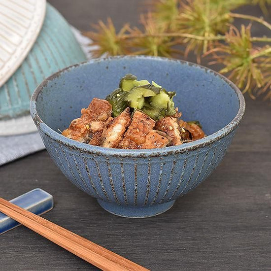 Blue Gray Matte Carved Jyuso Rice Bowl Blue Japanese Tableware, Tea Bowl, Rice Bowl, Made in Japan, Minoyaki, Stylish, Modern