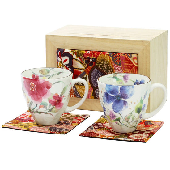 Flower Watercolor Pair of Mug Cups Chirimen Wooden Box (01801)
