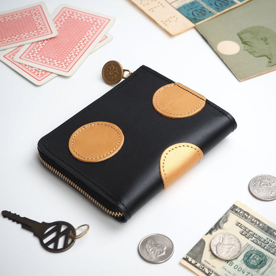 L-Shaped Zipper Wallet (Polka Dot Gold / Black) Genuine Leather Compact