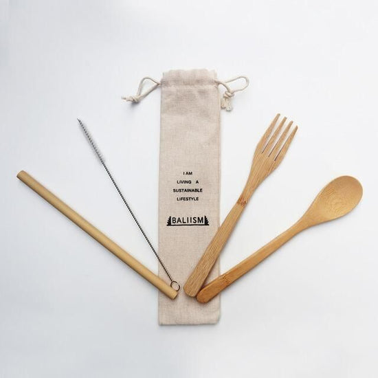 Bamboo Cutlery Set BCS-01 (straw, spoon, fork, cleaning brush, storage pouch) | BALIISM