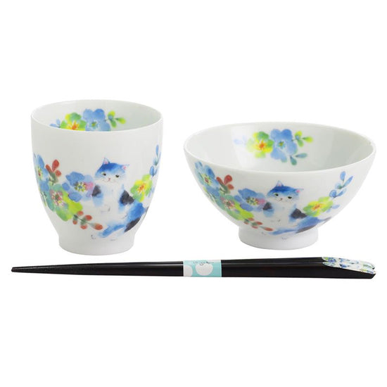 Flower Cat Teacups Blue with Tenpou Chopsticks (23211)