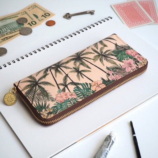 Round Zipper Long Wallet (Tropical Palm) All Leather for Ladies and Men