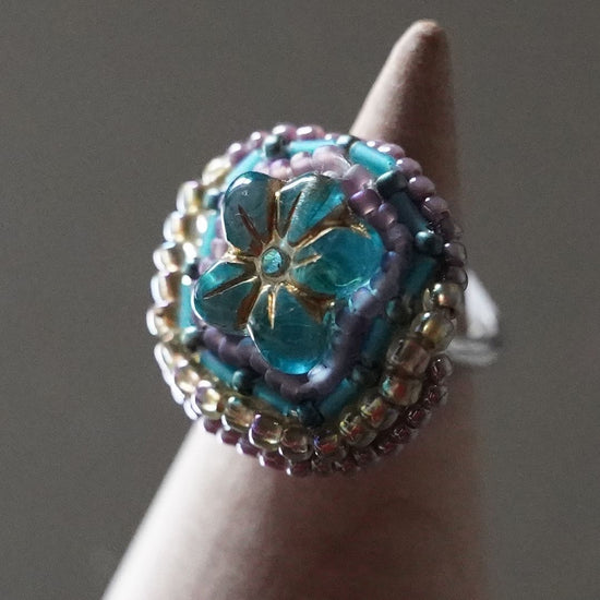 Chatty ring 112 free size bead embroidery ring flower blue large ring