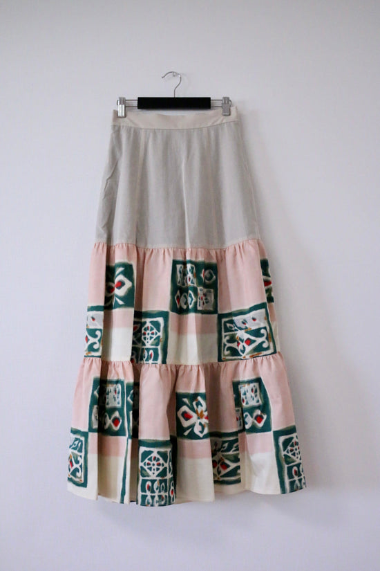 Abstract Peach and Green Pattern -Meisen Teered Skirt-beige- (Japanese textile)