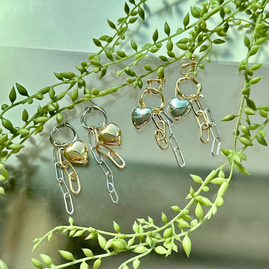 Heart and Chain Motif Pierced earrings, Clip-on earrings