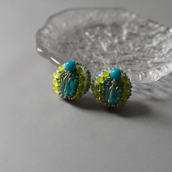 Beaded embroidered clip-on earrings Pierced earrings 12 blue green gold large size one-of-a-kind unique flower