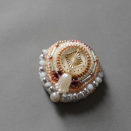 Very light chatty brooch 49 beaded embroidered brooch white silver pink flower, one of a kind