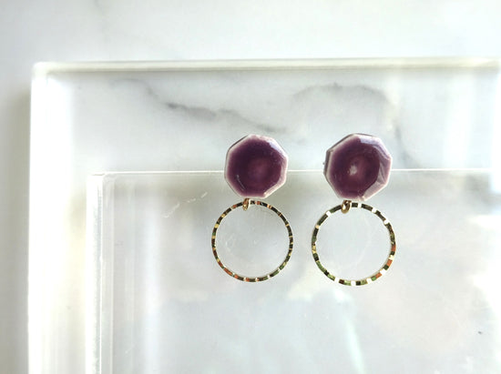 Octagonal and Gold Ring Ceramic Pierced Earrings / Clip-on Earrings Purple