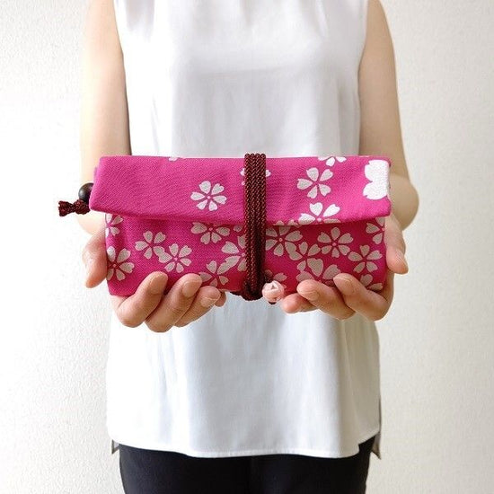 Kyoto, Michu purse, rolled bag made of ox dark pink ground, cherry blossoms, silver