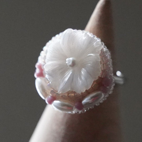 Chatty ring 57 free size bead embroidery ring flower white pink