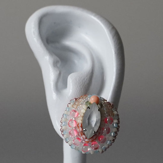 Stylish Clip-on earrings Pierced earrings 44 bijoux, large, surgical stainless steel, one-of-a-kind, beaded embroidery.