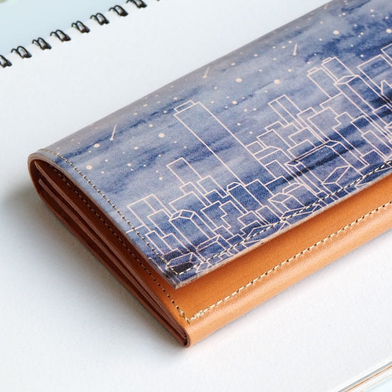 Flap Long Wallet (Starry Night) All Leather Ladies and Men