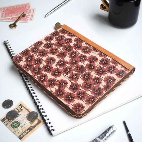 B6-size Round Zipper Notebook Cover (Chocolate Cosmos) Case for Schedule Book, Diary, Notebook, Mother & Child Notebook, Red Seal Book