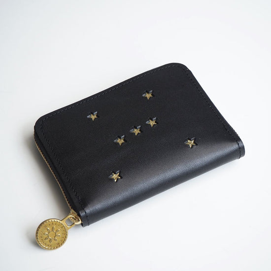 Round Zipper Compact Wallet in Black ORION Cowhide