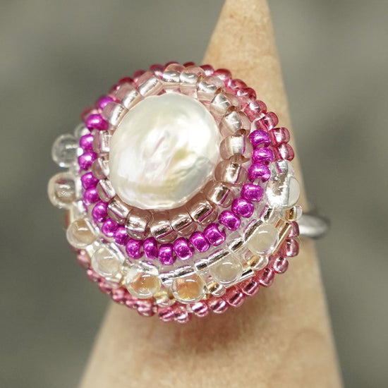 Also for scarf clasp! Chatty ring 136, free size, bead embroidery ring, freshwater pearl, large ring