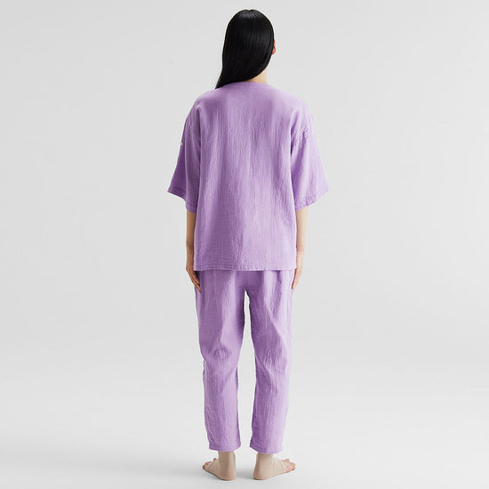 Cotton Linen High-Twisted Waffle Gauze Short-Sleeved pajamas for Women Lavender