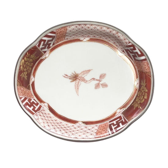 [Reiko Fukushima] Dish with crane design in fine red glaze