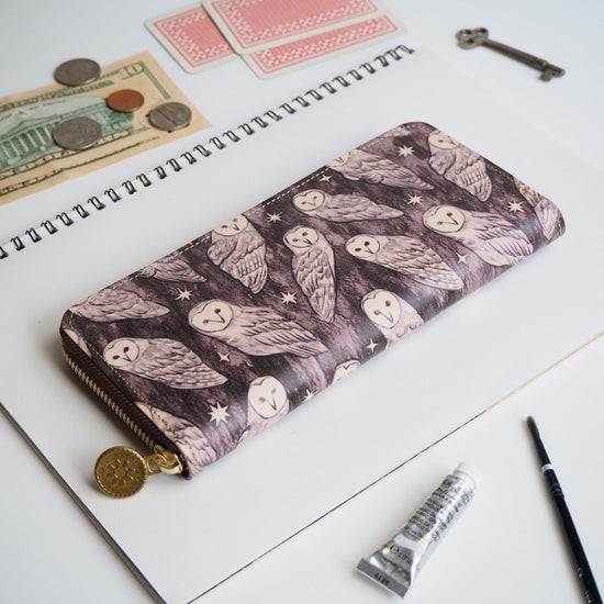 Round Zipper Long Wallet (Holy Owl) All Leather for Ladies and Men