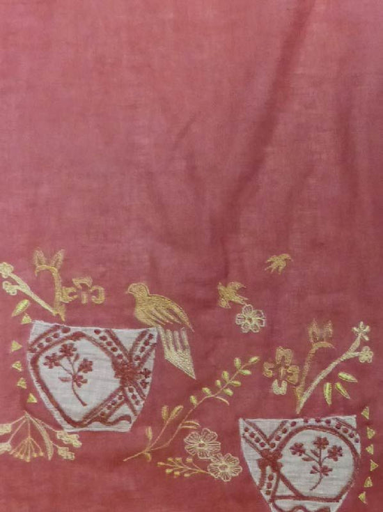 Bird-patterned applique shawl (3 colors) linen-cotton