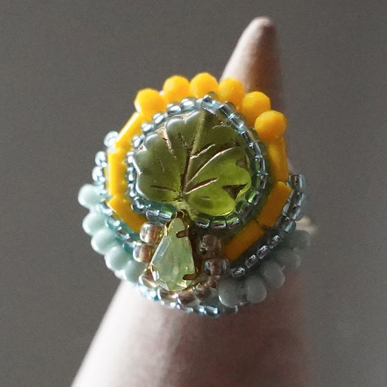 Chatty ring 92 free size bead embroidery ring leaf yellow green