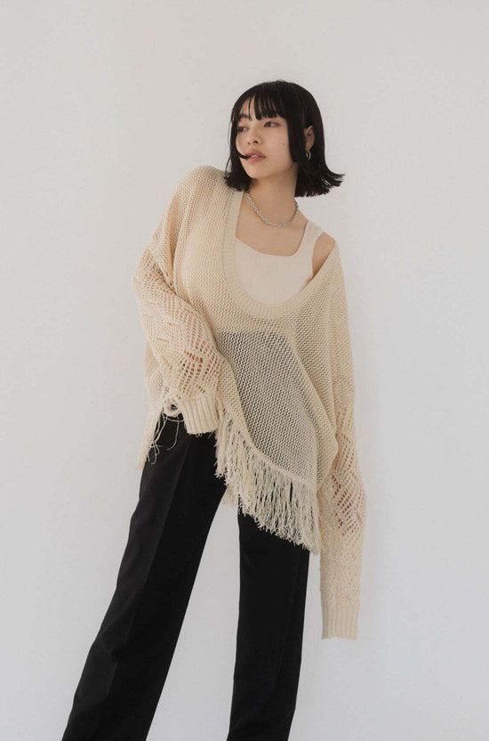 Uneck Fringe Mesh Knit/ Beige