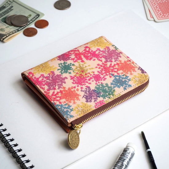 L-Shape Zipper Wallet (Vivid Lace Flower) All Leather for Ladies and Men