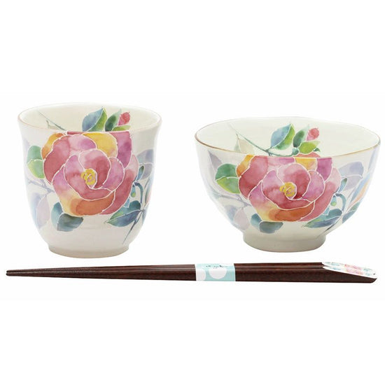 Hanakotoba Rice Bowl / Teacup Rose with Tenpou Chopsticks (40486)