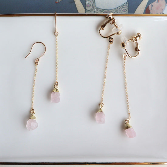 Rough rock charm long pierce/earring (Rose quartz October birthstone)