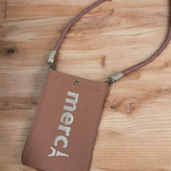 Three-Chamber Vertical Phone Pochette with Embroidered Merci Logo (Smoky Pink)