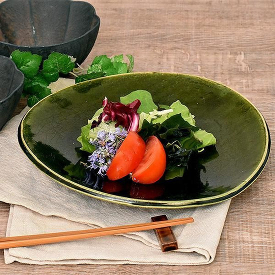Oribe Oval Flattened 8" Dish, Green Color Japanese Tableware, Oval Dish, Shaped Dish, Made in Japan, Minoyaki, Stylish, Modern