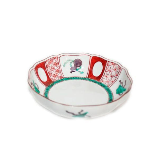 [Eisyou] 5"-ringed flower bowl, red glaze with trefoil design