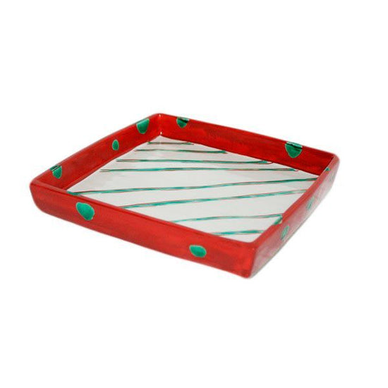 [Eisyou] Rectangular 6" dish with foot, red glaze, polka dot design