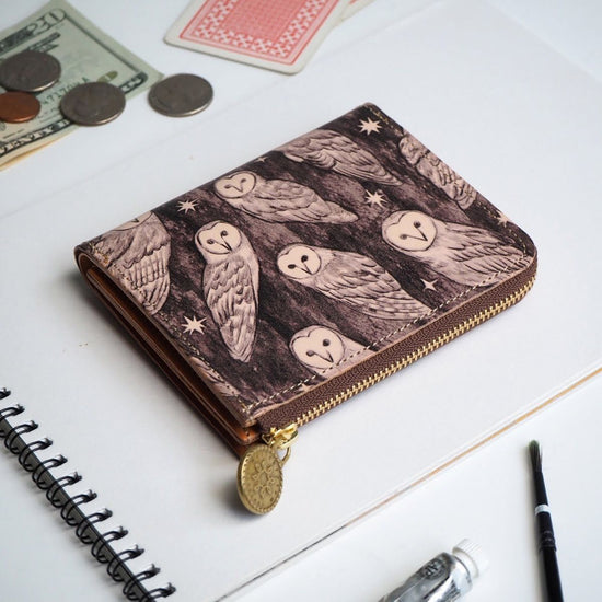 L-Shape Zipper Wallet (Holy Owl) All Leather for Ladies and Men