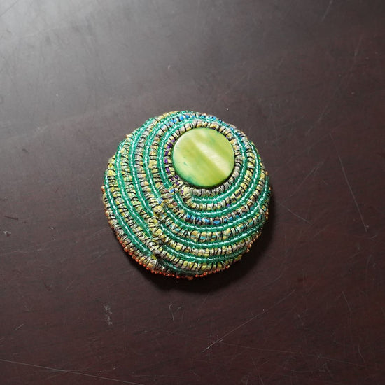 Swirl brooch 3 beads embroidery green