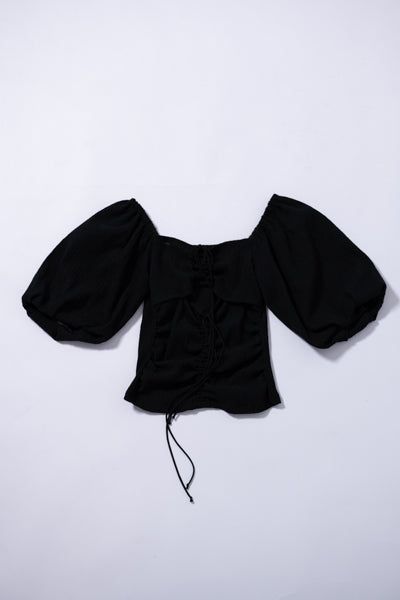 Cut Jacquard Drawstring Gather Blouse(BLACK)