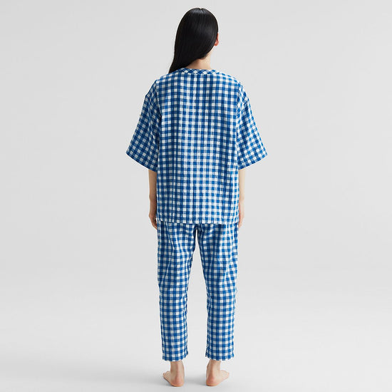 Cotton Gingham Double-Layered Gauze Short-Sleeved Pajamas Ladies Blue