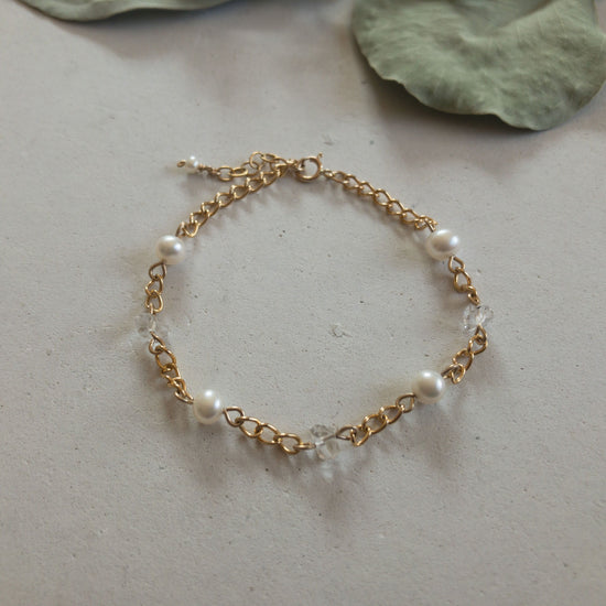 [14kgf] Bracelet - Freshwater Pearl & Herkimer Diamonds