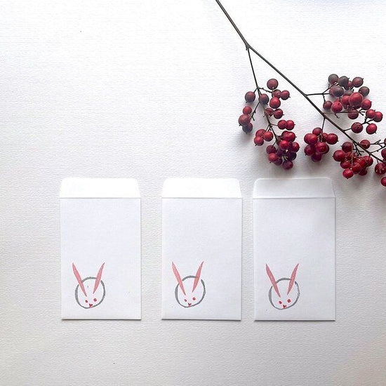 Hand-Printed Rubber Print Pouch Bag [Snow Rabbit] Set of 3