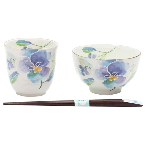 Hanakotoba Rice Bowl / Teacup Pansy with Tenpou Chopsticks (40487)