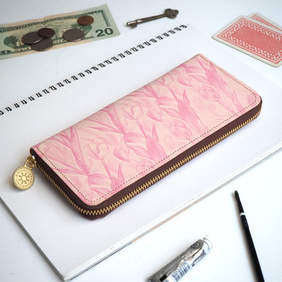 Round Zipper Long Wallet (Feminine Tulip) All Leather for Ladies
