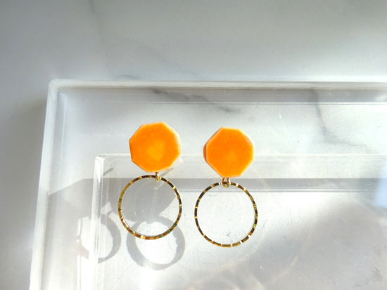 Octagonal and Gold Ring Ceramic Pierced Earrings / Clip-on Earrings Orange