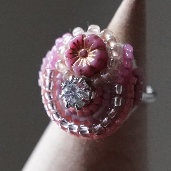 Chatty ring 35 free size beads embroidery ring flower bijoux pink colorful multicolor