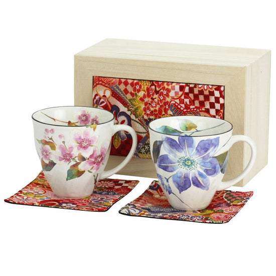 Hana Kagura Pair of Mug Cups Chirimen Wooden Box (03870)