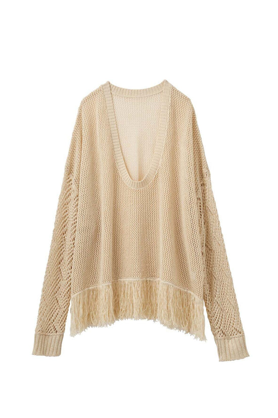 Uneck Fringe Mesh Knit/ Beige