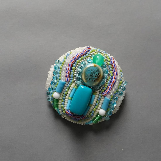 Chatty brooch large size 2 bead embroidery brooch blue green colorful chic one-of-a-kind Christmas