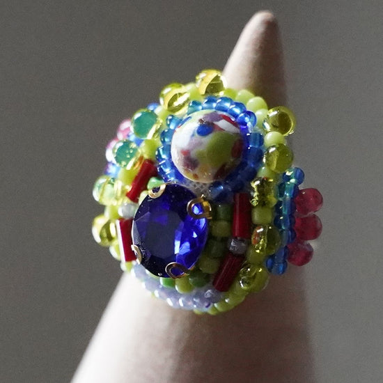 Chatty ring 114 free size bead embroidery ring colorful green cape ring multicolor