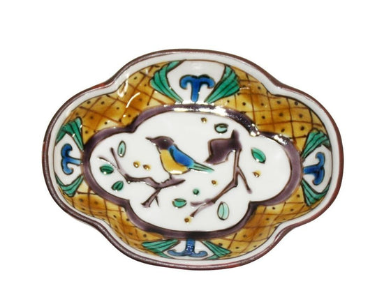 [Eisyou] Three-sided spittoon-shaped dish with flowers and birds design