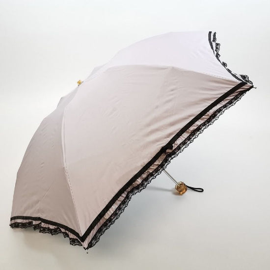 Heat-Shielding & Full Shading Ruffled Hem & Lace 3-Tiered Folding Umbrella for Sun and Rain Black Coated Back