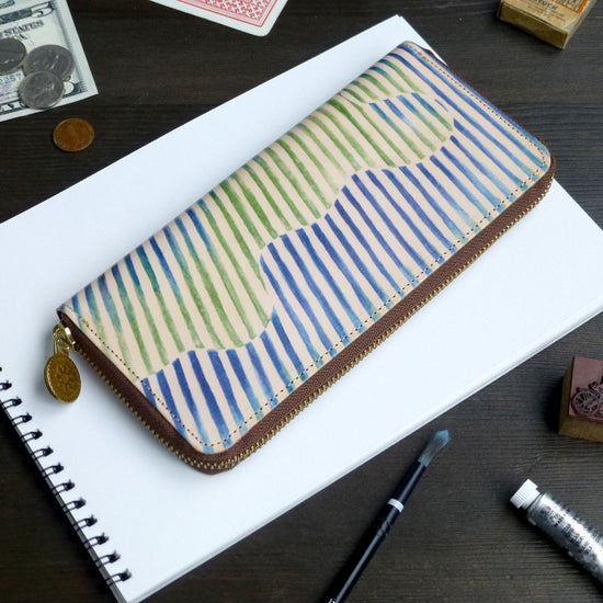 Round Zipper Long Wallet (Aurora Stripe) All Leather for Ladies and Men