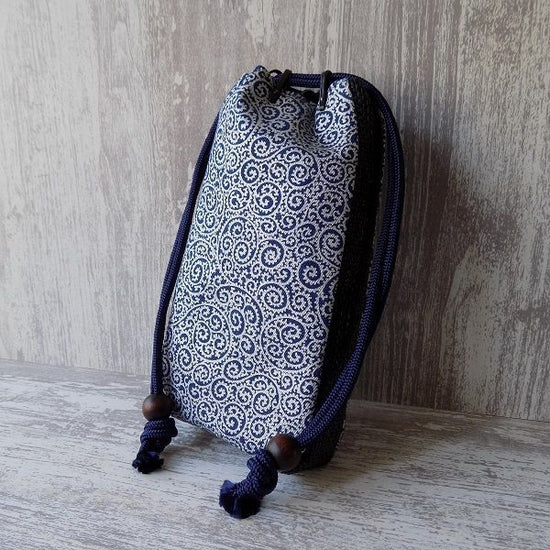 Phone case with shoulder strap, octopus arabesque, silver, made of denim navy blue, Kyoto